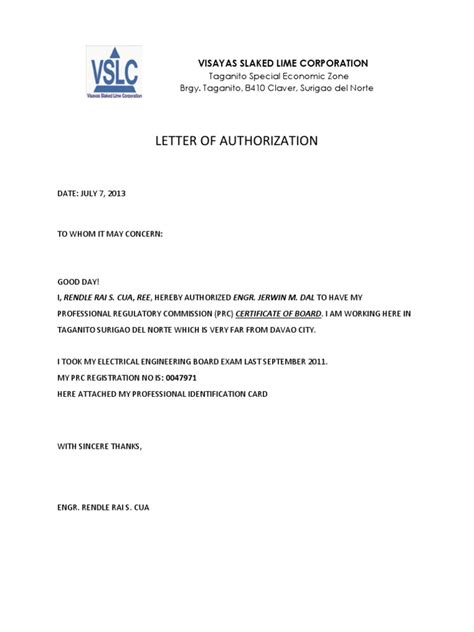 bisaya authorization letter sample|Letter of Authorization: Visayas Slaked Lime .